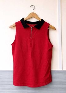 Sleeveless Red Collared Zip-Up Top (Women)