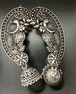 Oxidized Silver Ear Cuff Peacock Jhumka Earrings