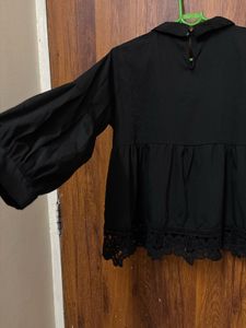 Chic Black Lace Trim Peplum Top