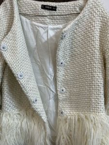 Cream Textured Jacket with Faux Fur Trim