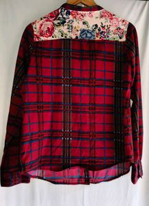 Red Plaid Button-Up Shirt with Floral Accents