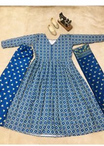 Elegant Green &amp; Blue Printed Kurta Set with Dupatt