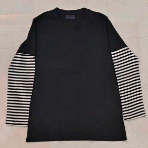 Y2K Black Layered Striped Sleeve T-Shirt | XXL