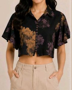 Black Floral Butterfly Sleeve Crop Top