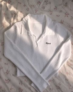 White Ribbed Crop Polo Shirt