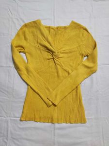 Mustard Yellow Ribbed Twist Front Top