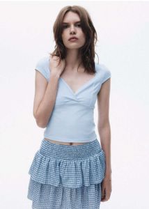Light Blue Wrap Neck Cap Sleeve Top