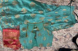 Teal Brocade Lehenga Choli Set raw silk