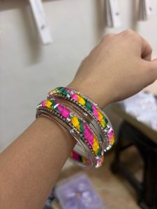 Multi-Colour Bandhani Print &amp; Crystal Kada Pair
