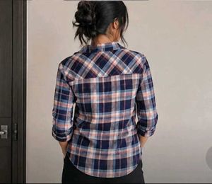 Women’s Navy Blue &amp; Peach Plaid Checkered Full-Sle
