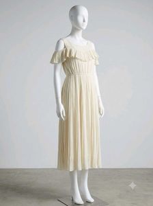 Cream Pleated Ruffle Dress