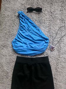 Blue One-Shoulder Ruched Dress