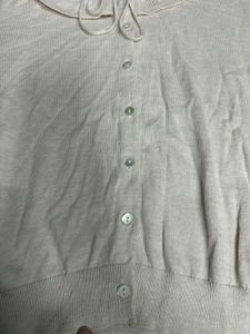 Beige Knit Cardigan with Ruffle Collar