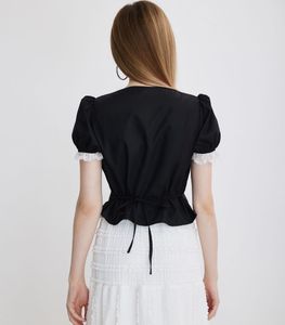 Chic Black Lace-Up Puff Sleeve Top