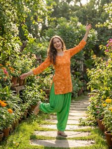 Orange Bandhani Kurta with Green patiyala