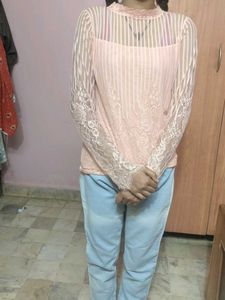 Peach Colour Top Net &amp; Lycra Material Mix