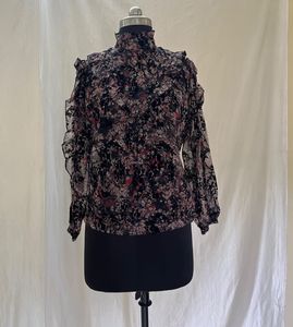 Sheer Floral Ruffle Neck Blouse