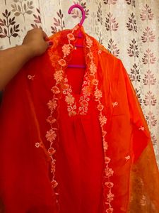 Bright Orange Embroidered Three Piece Suit Set