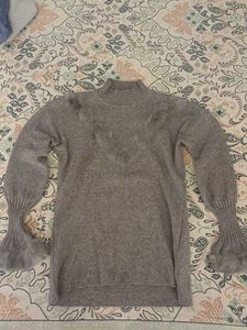 Grey Mock Neck Sweater with Feathers