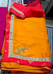 Beautiful mustard Yellow Saree with Red Blouse