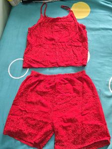 sexy Red Lace Chikankari Camisole shorts Set
