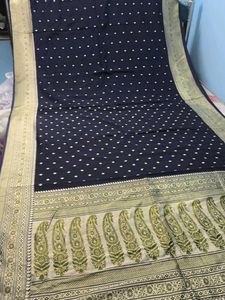 Elegant Navy Blue Saree with White Polka Dots
