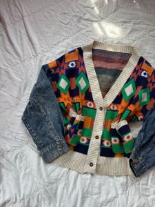 Unique Geometric &amp; Denim Cardigan