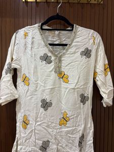 White Kurta with Butterfly Print