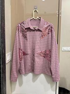 Pink Checkered Sequin Detail Shirt