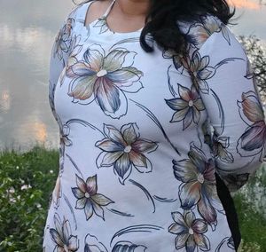 White Floral Print Kurta