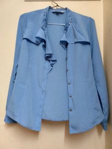 Blue Ruffled Button-Up Shirt