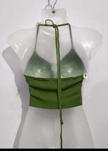 Green Ribbed Ring Detail Crop Top
