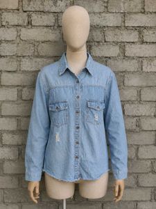 Distressed Light Wash Denim Shirt