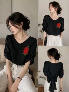 Black Rose Embroidered V-Neck Top