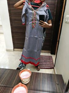 Embellished Grey Suit set with banarasi Dupatta
