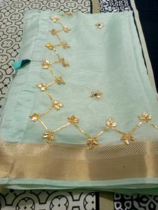 Beautiful Embellished Light Blue Saree with contra