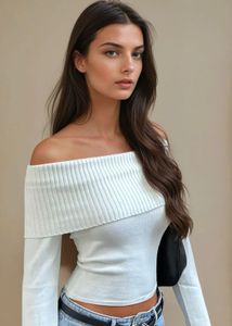 Cream Off-Shoulder Ribbed Top