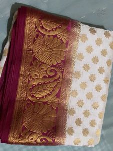Elegant White &amp; Gold Silk Saree