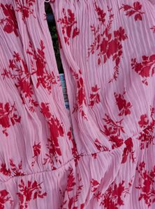Pink Floral Pleated Midi Dress