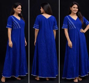 Elegant Blue Maxi Gown with White Embroidery