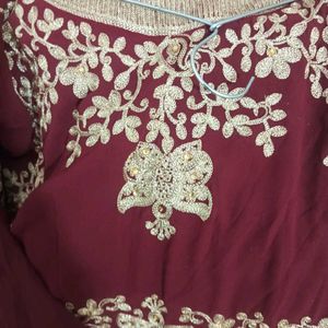 Maroon &amp; Gold Embroidered Ethnic Gown