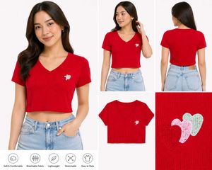 Red Cropped V-Neck T-Shirt with Heart Applique