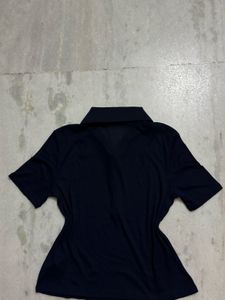H&amp;M Navy Ribbed Cropped Polo Shirt