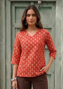 🧡Chic rust Orange Printed Cotton Kurta🧡