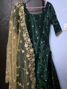 Elegant Green Anarkali Set with Gold Dupatta