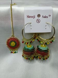 Multi colours mangtika &amp;jhumka earrings