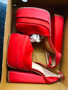 Red Satin Platform Block Heels
