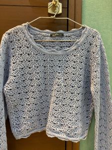 Blue Cropped Crochet Knit Sweater