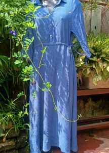 Blue Button-Front Midi Shirt Dress