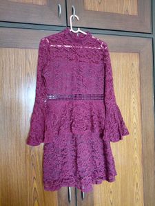 Elegant Maroon Lace Bell Sleeve Dress